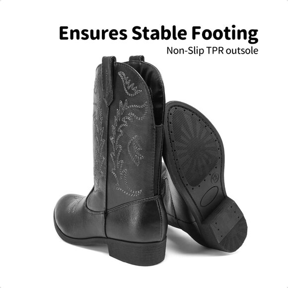 Kids Dark Black   Toddler Little Cowboy Western Square Toe Riding Calf Boots - Picture 6 of 7